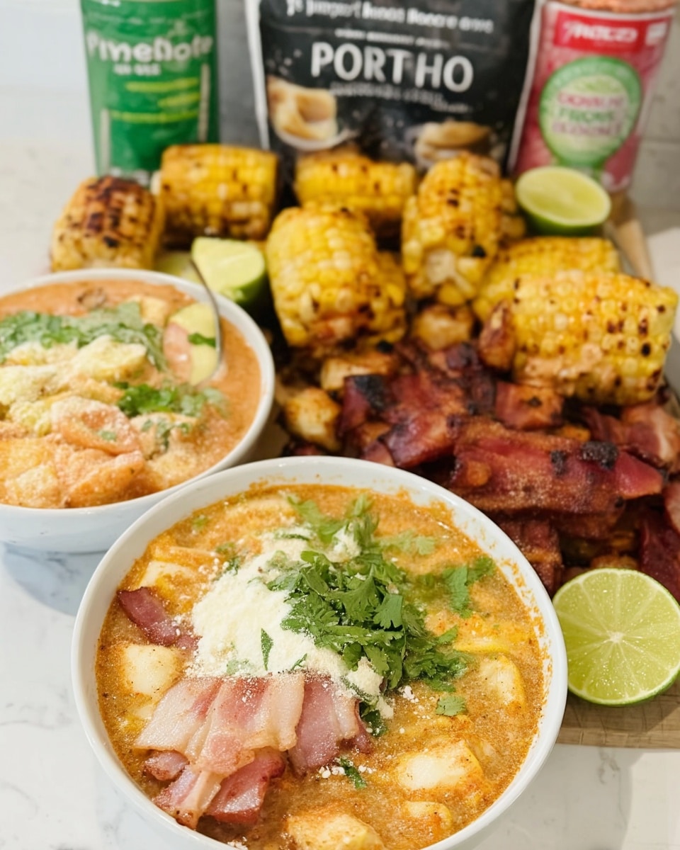 Close-up of creamy fall soup with bacon crumbles and lime