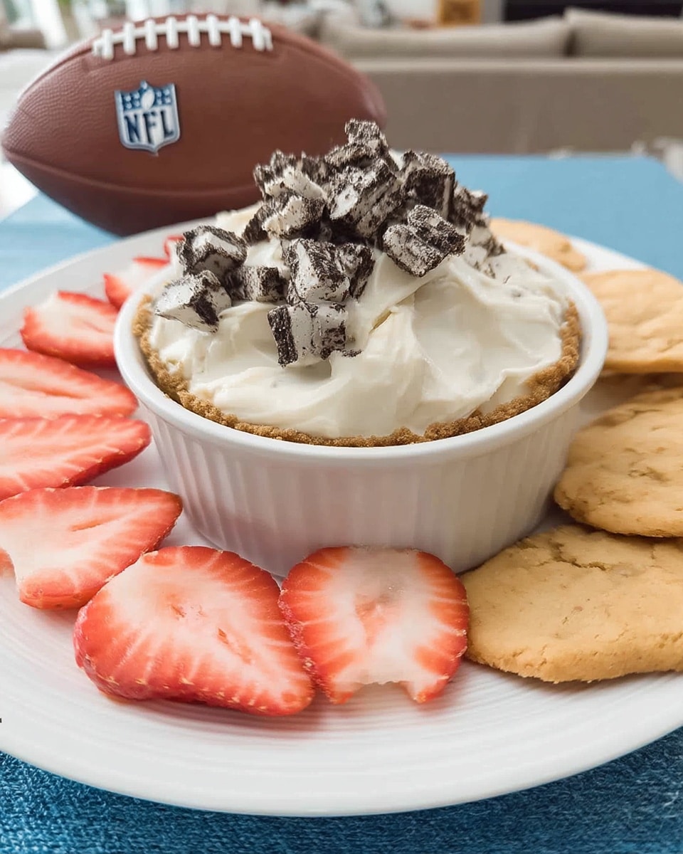 Overhead shot of football party desserts dip with apple slices