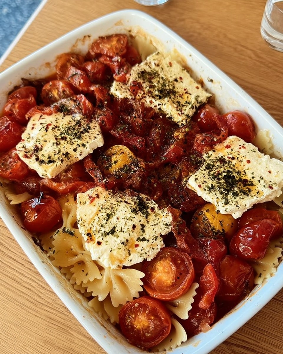 Close-up of bow tie pasta in feta tomato sauce
