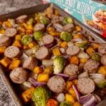 Pan Sausage and Veggies 7 Fall Sausage and Veggie Sheet Pan Dinner: A healthy and delicious autumn meal with smoked sausage, sweet potatoes, Brussels sprouts, and a maple-Dijon glaze. Easy one-pan recipe perfect for busy weeknights! #sheetpandinner #fallrecipes #healthyhalloween #sausage #sweetpotato
