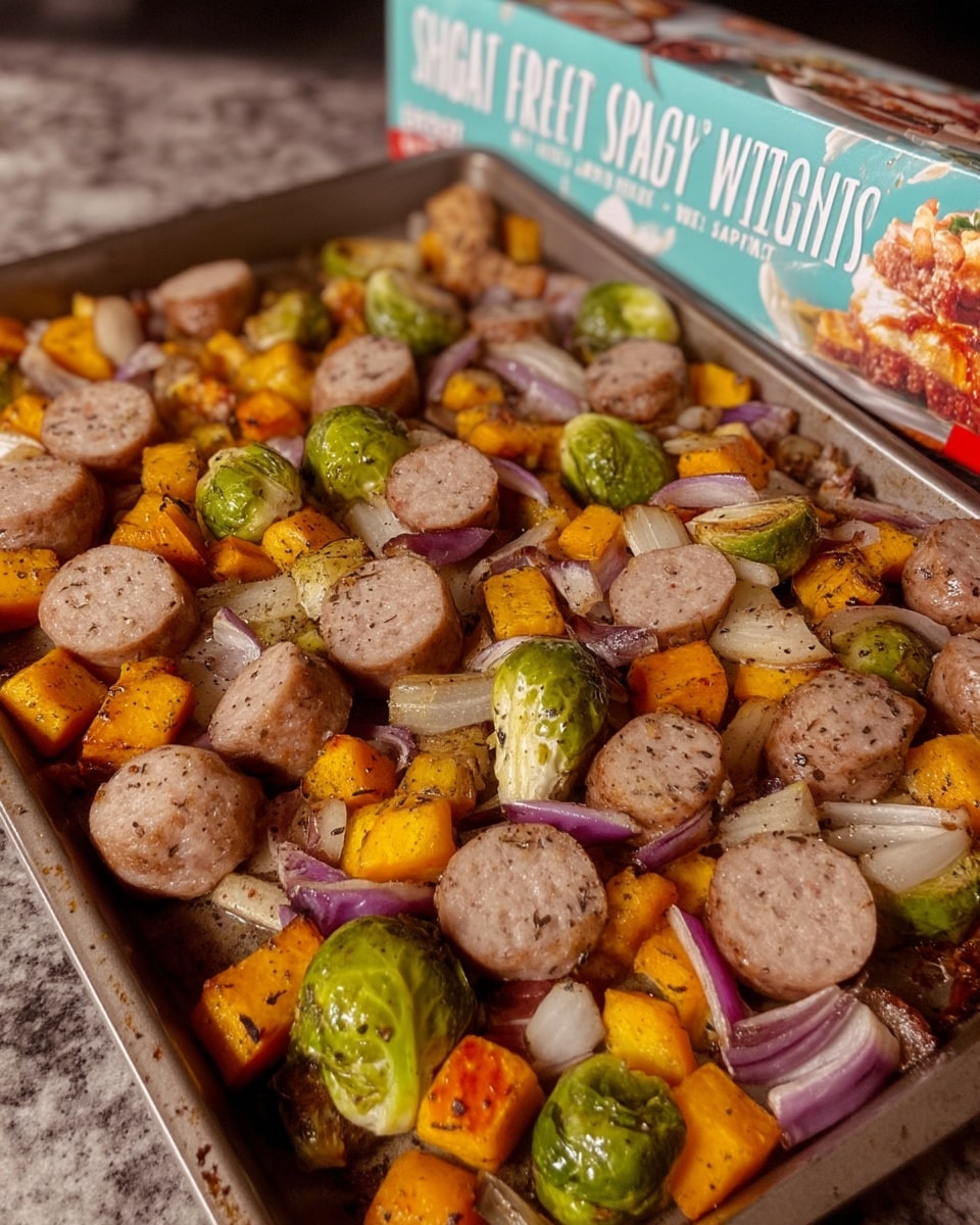 Fall Sausage and Veggie Sheet Pan Dinner: A healthy and delicious autumn meal with smoked sausage, sweet potatoes, Brussels sprouts, and a maple-Dijon glaze. Easy one-pan recipe perfect for busy weeknights! #sheetpandinner #fallrecipes #healthyhalloween #sausage #sweetpotato