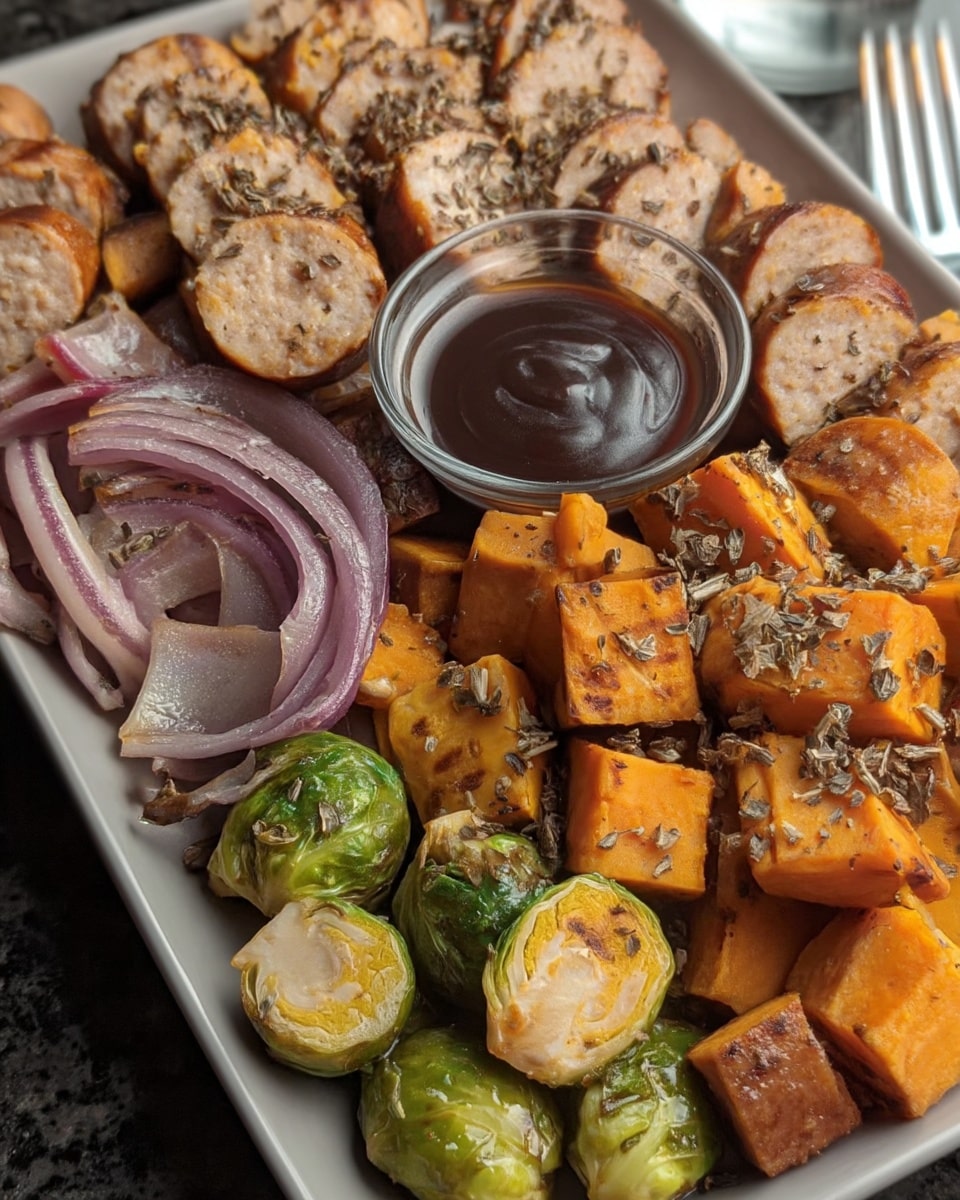 Pan Sausage and Veggies 8 Sheet pan dinner with sausage and Brussels sprouts