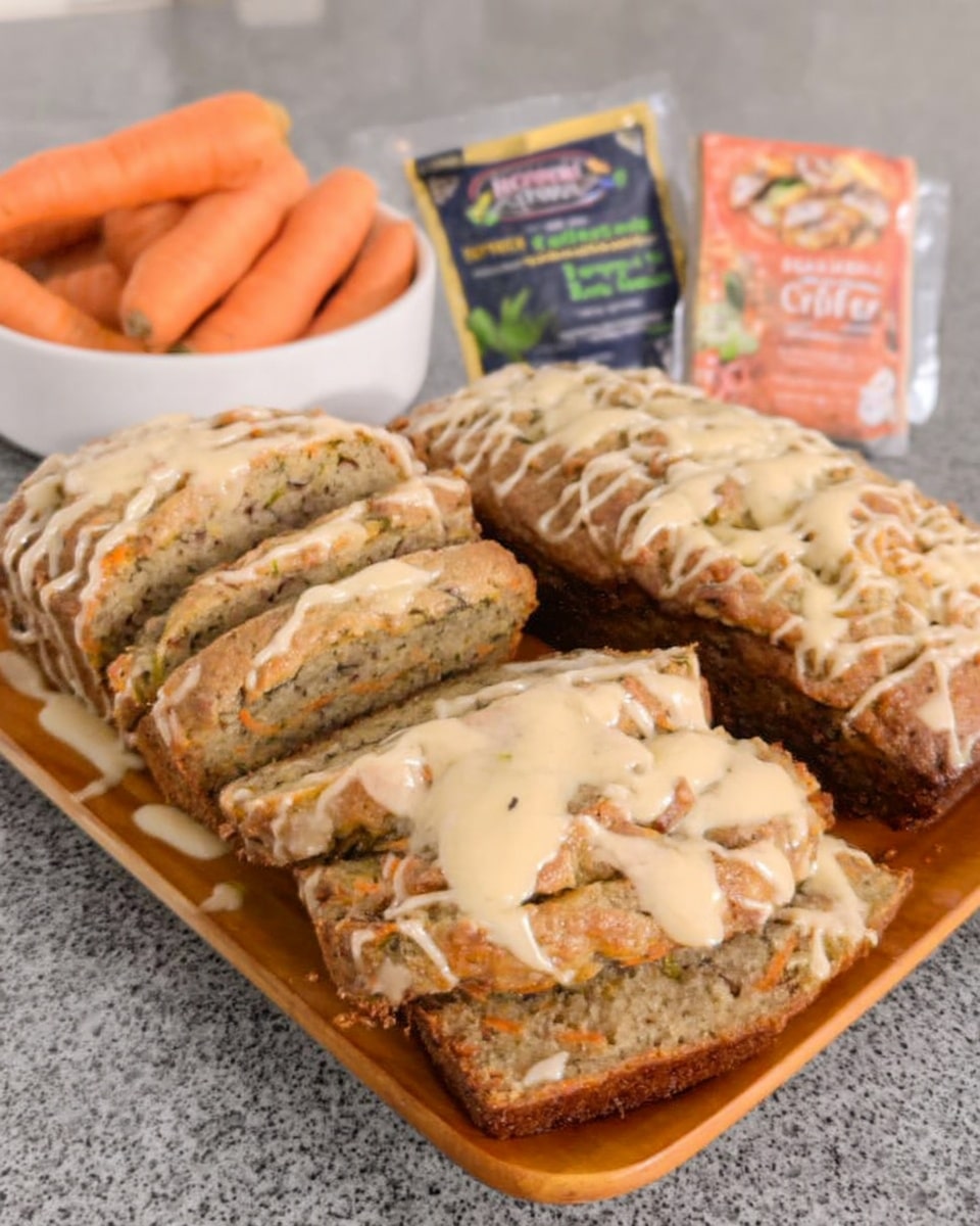 Moist and flavorful Carrot Apple Zucchini Bread recipe! This quick bread is packed with vibrant colors and irresistible flavor. A perfect breakfast, snack, or dessert featuring grated carrots, zucchini, diced apples, and crunchy pecans with a cream cheese glaze.