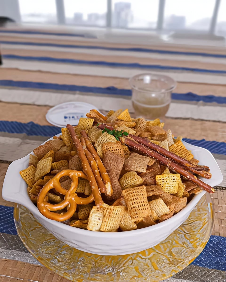 Flat lay of a sweet and salty fall Chex Mix recipe featuring golden Corn Chex, Cheerios, Wheat Chex, pretzels, mini saltine crackers, and cashews, all coated in a cinnamon sugar glaze and spread evenly on a baking sheet with a rustic fall cloth beneath.