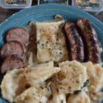 Fall Crockpot Recipes 7 Easy kielbasa pierogy casserole! Creamy, cheesy slow cooker recipe with Mrs. T's pierogies, kielbasa sausage, cheddar cheese, and cream cheese. Perfect crockpot comfort food for a delicious dinner! #kielbasa #pierogies #crockpot #casserole #cheesy