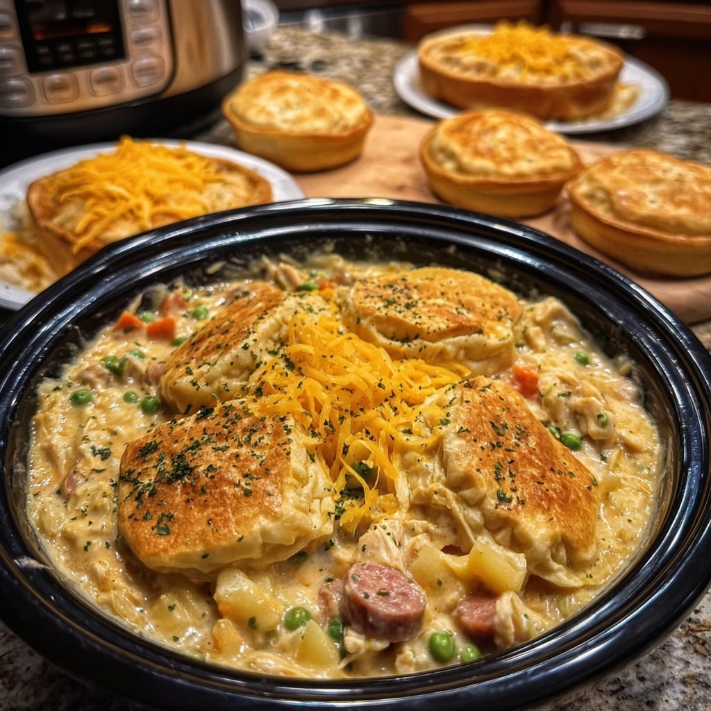 Easy crockpot chicken pot pie recipe! Creamy, comforting, and perfect for busy weeknights. This slow cooker dinner features chicken, mixed vegetables, and a flaky biscuit topping. Get the full recipe and enjoy a delicious pot pie casserole tonight! #crockpot #chickenpotpie #slowcooker #easyrecipe