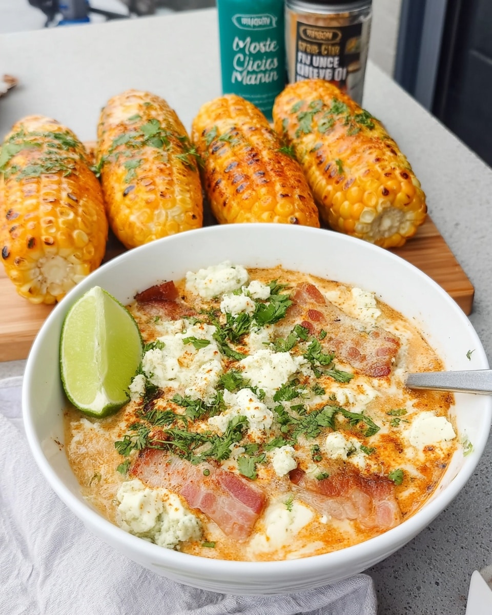 Slow Cooker Mexican Street Corn Soup! Creamy, flavorful fall soup recipe with chicken, corn, potatoes, and a spicy kick. Garnish with bacon, cotija cheese, lime, and cilantro. Easy crockpot soup for a cozy dinner!