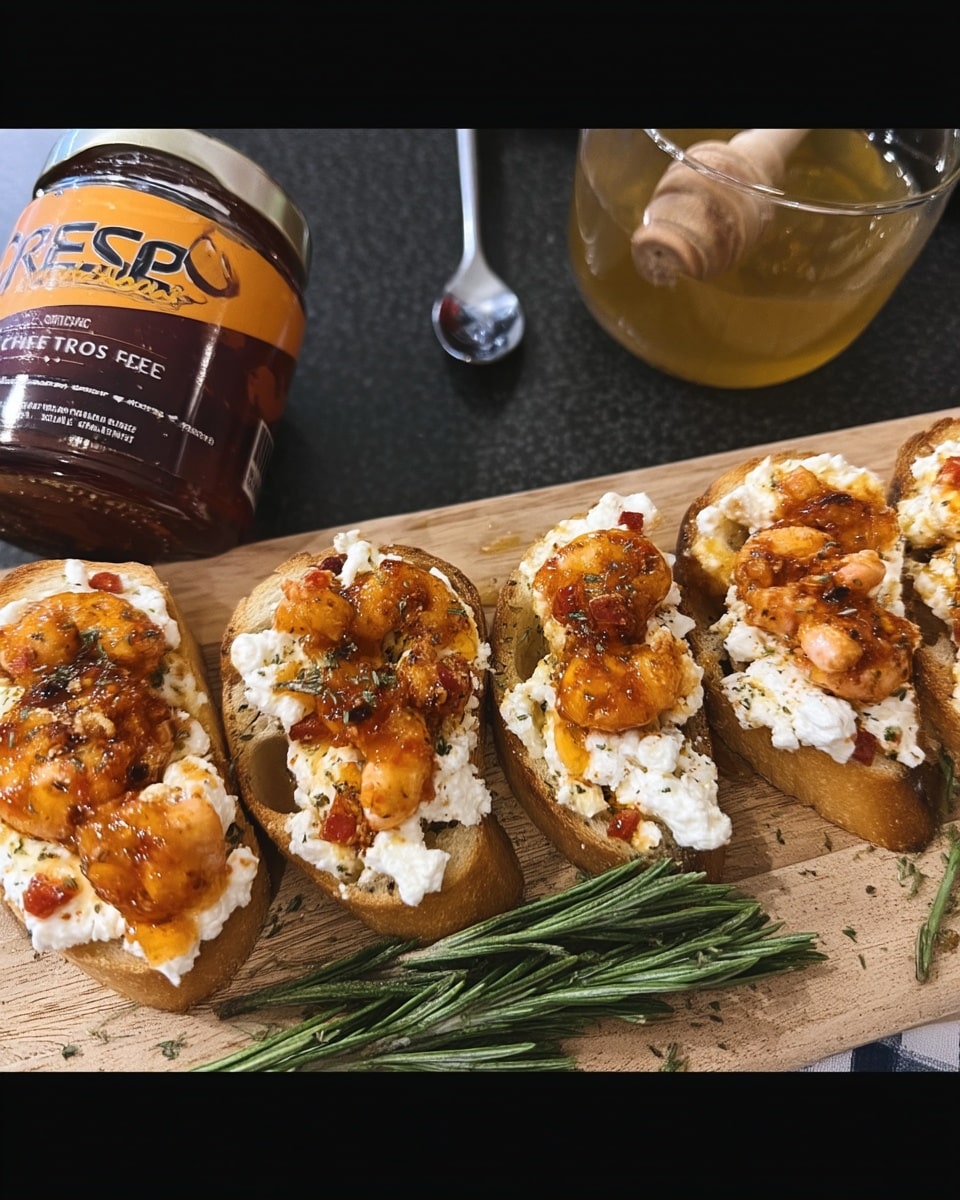 Sweet & Spicy Whipped Feta Crostini 8 Fancy appetizers close-up of whipped feta and honey crostini
