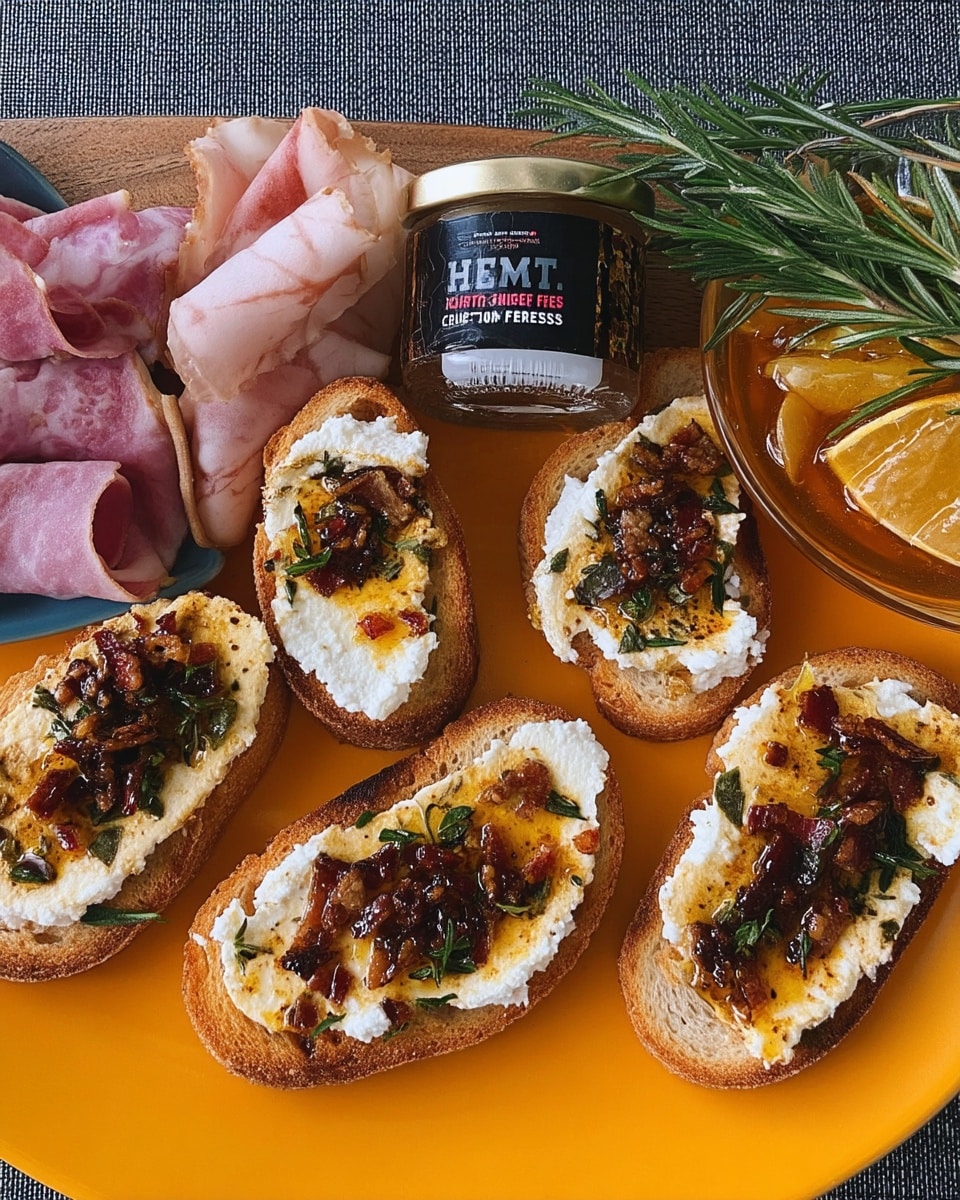 Sweet & Spicy Whipped Feta Crostini 10 Fancy appetizers crostini with rosemary garnish