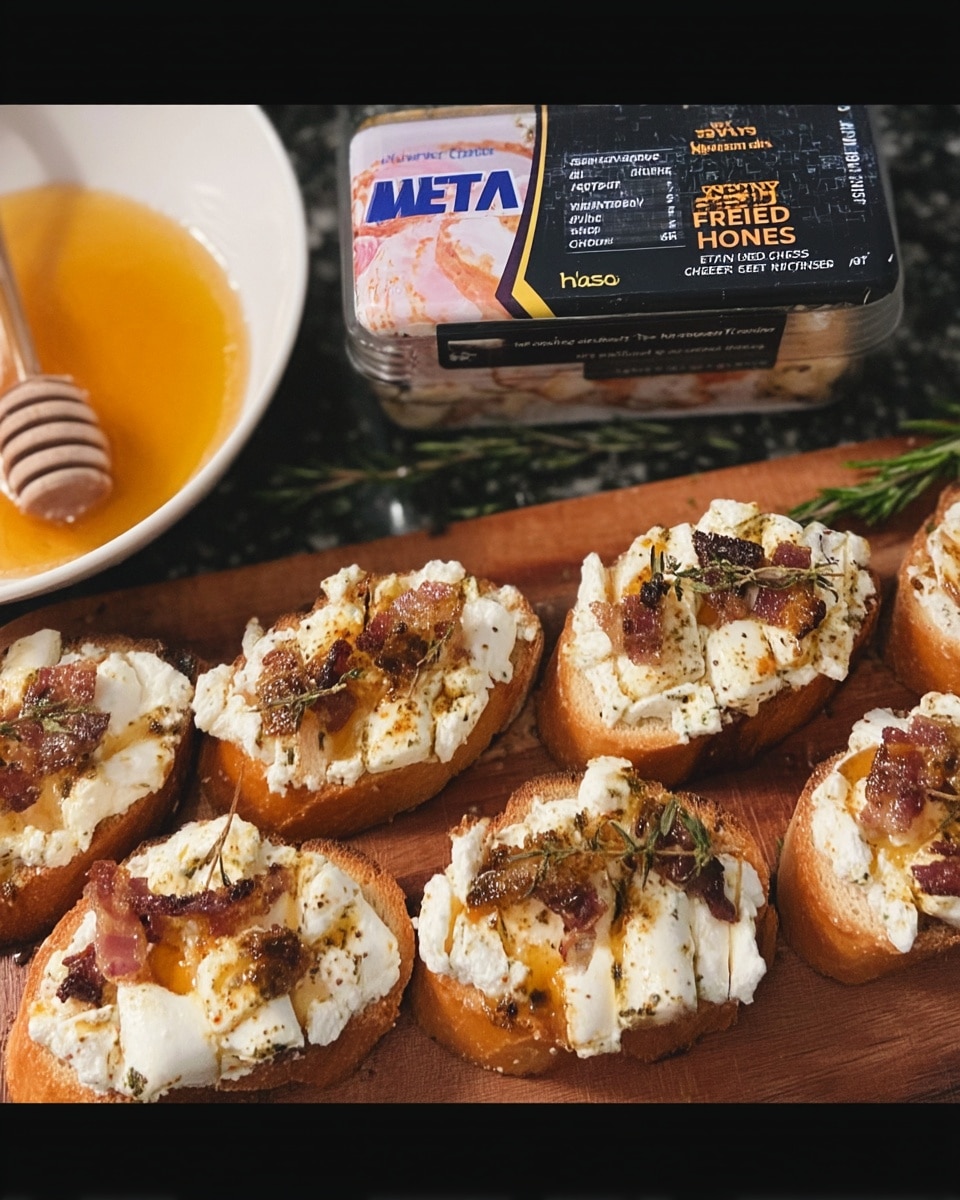 Sweet & Spicy Whipped Feta Crostini Bites! Easy 20-minute appetizer recipe with hot honey, pecans, and rosemary. Perfect for holiday parties, Christmas, or any gathering! #crostini #appetizer #holidayfood #partyfood #easyrecipe