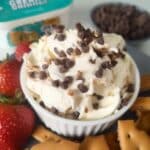Easy Cookie Dough Dip recipe! This quick, no-bake dessert dip is made with cream cheese, butter, sugar, vanilla, chocolate chips, and toffee bits. Ready in 10 minutes! Serve with graham crackers, pretzels, or apple wedges.