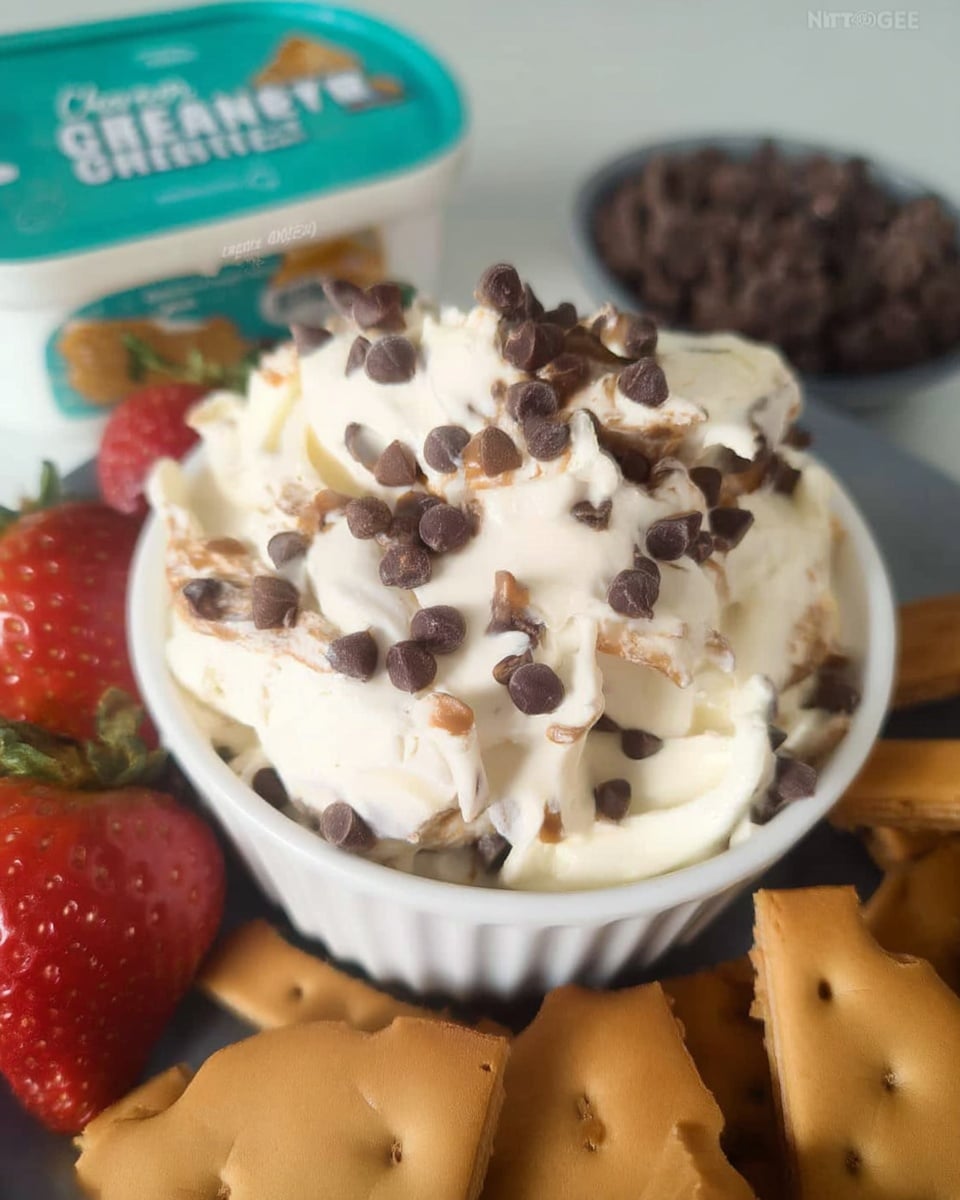 Easy Cookie Dough Dip recipe! This quick, no-bake dessert dip is made with cream cheese, butter, sugar, vanilla, chocolate chips, and toffee bits. Ready in 10 minutes! Serve with graham crackers, pretzels, or apple wedges.
