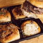French Dip Sliders 7 Easy French Dip Sliders: Sweet rolls filled with roast beef, provolone, and caramelized onions, served with au jus. Perfect appetizer, lunch, or dinner recipe!