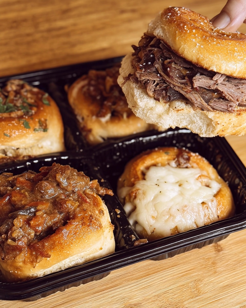 Easy French Dip Sliders: Sweet rolls filled with roast beef, provolone, and caramelized onions, served with au jus. Perfect appetizer, lunch, or dinner recipe!