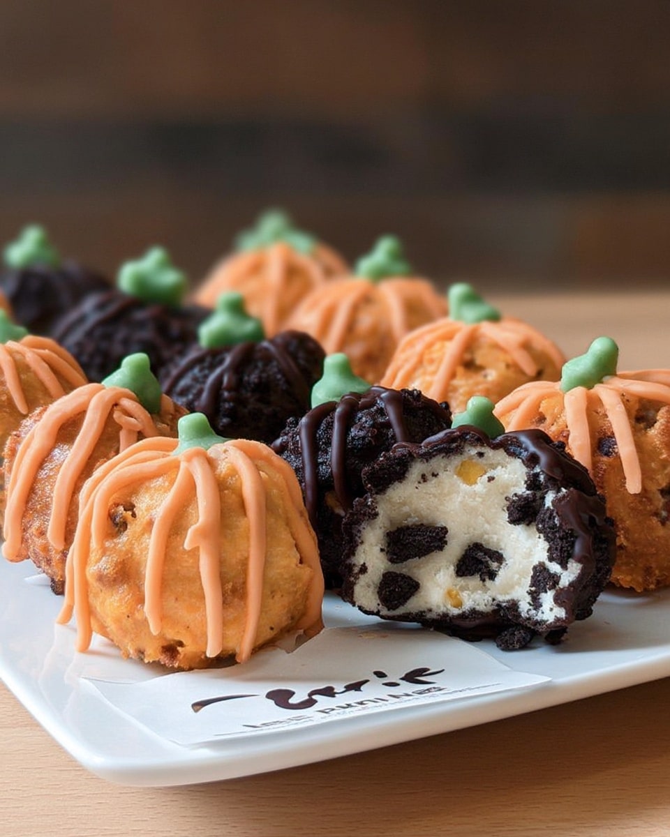 Close-up of a pumpkin Oreo truffle with cream cheese center – halloween dessert ideas
