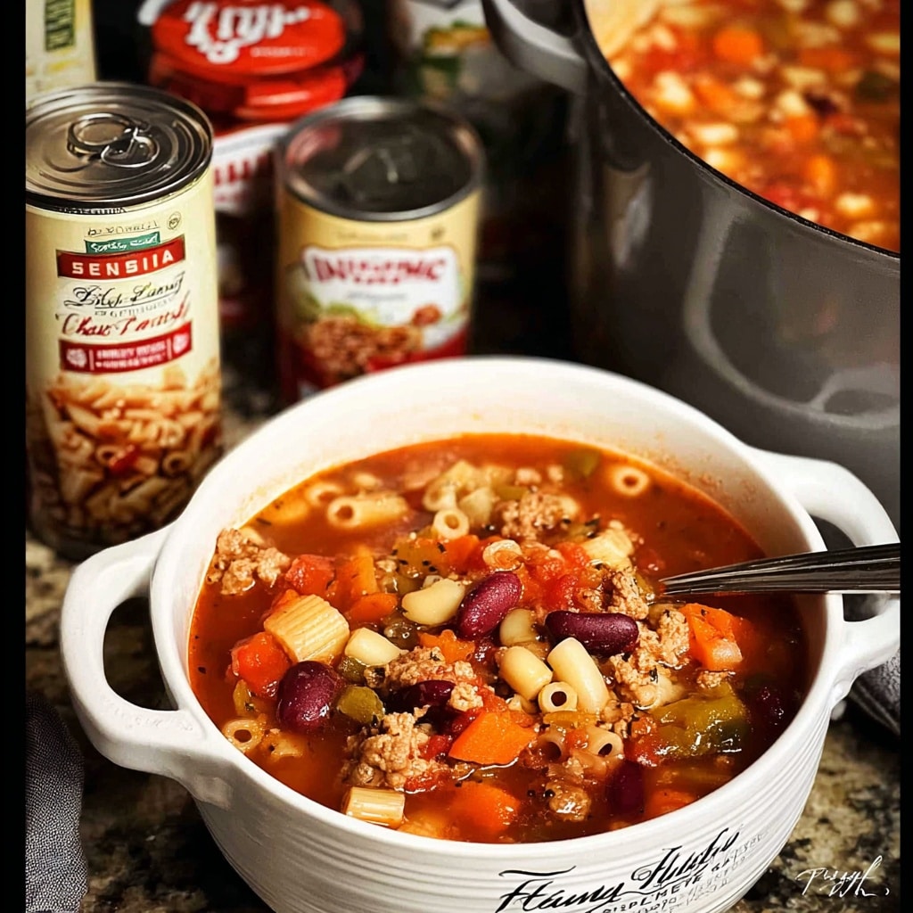 Pasta Fagioli Soup 10 Pasta fagioli soup served at family-style dinner table