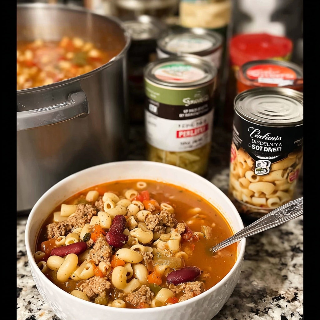 Bowl of pasta fagioli soup with beans, sausage, and parsley