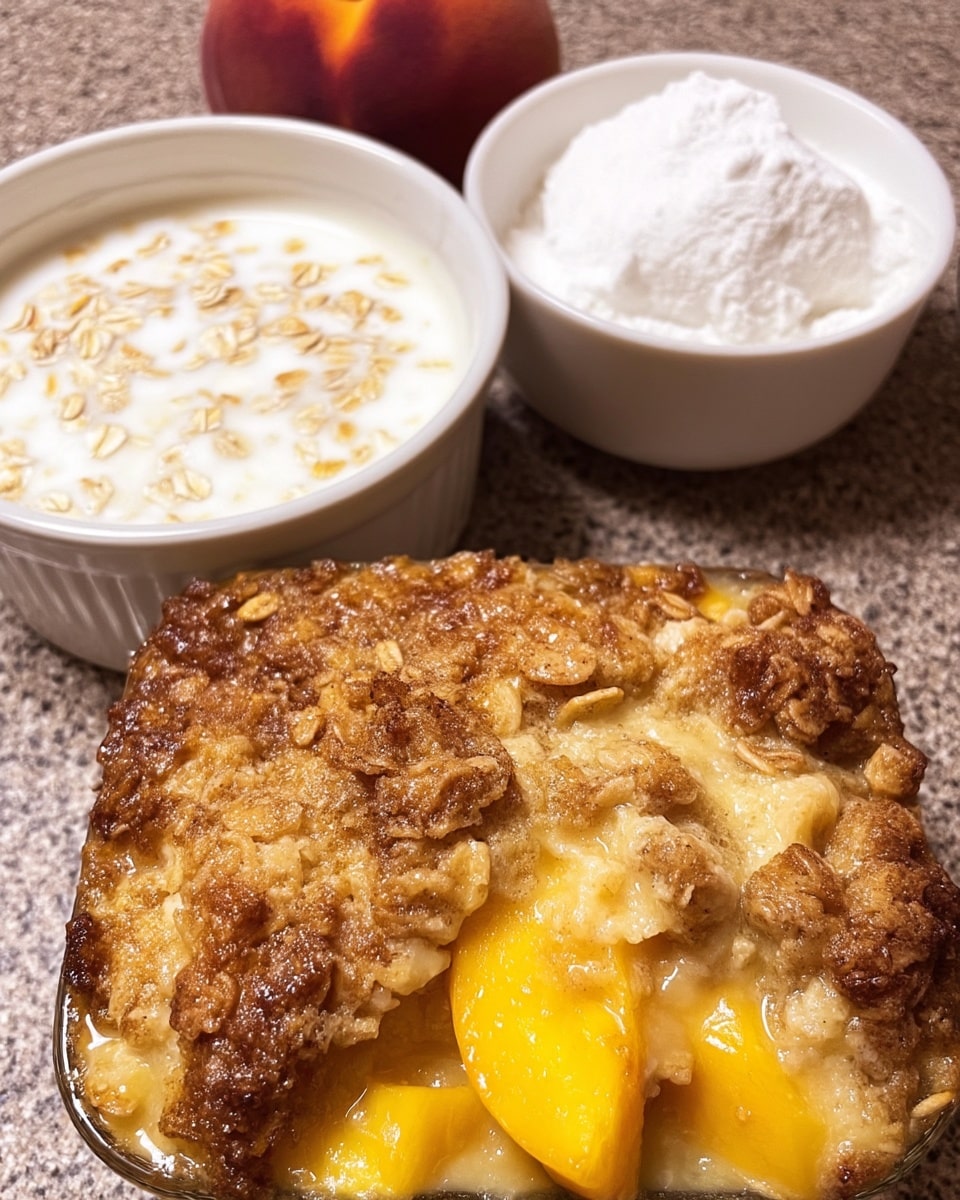 Peach Desserts with Fresh Peaches 9 Close-up of crisp oat topping on peach desserts with fresh peaches