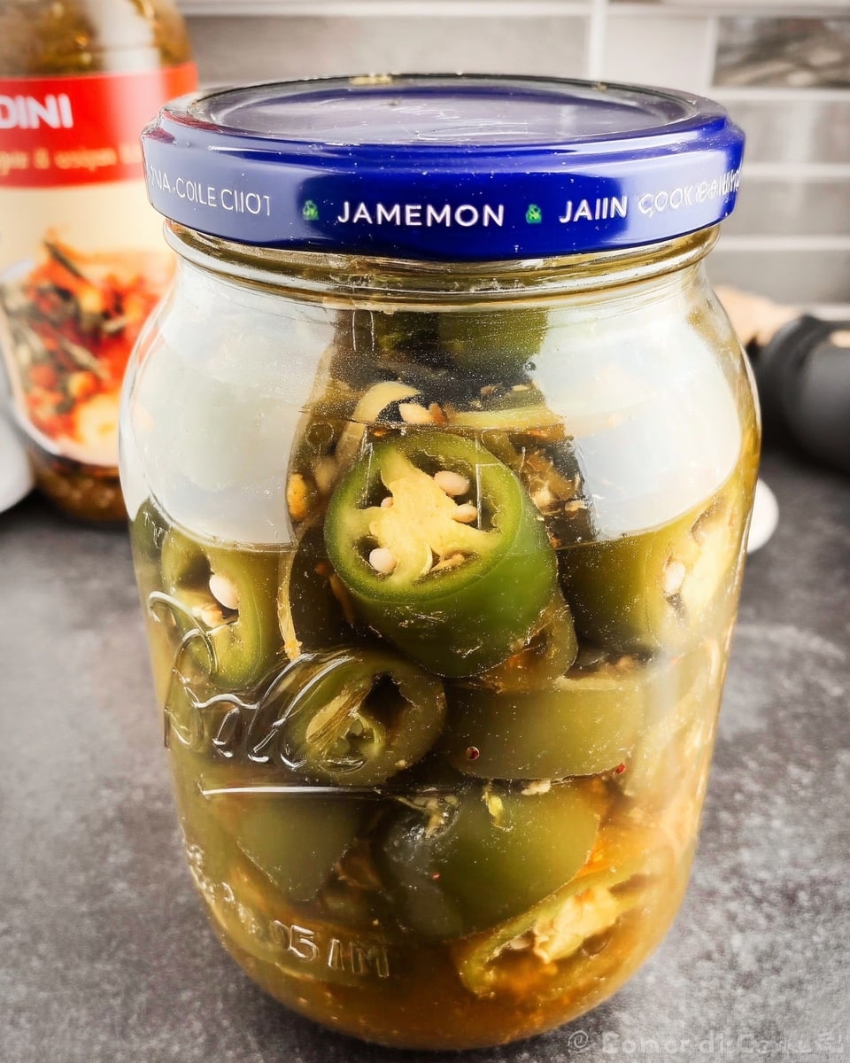 Pickled jalapeños in mason jar with pepper flakes