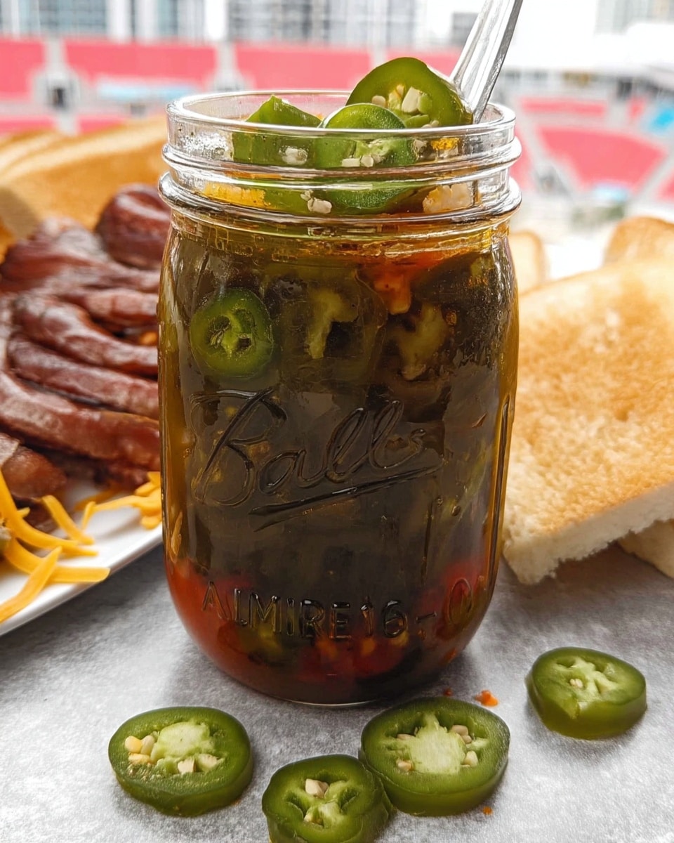 Pickled jalapeños with sliced peppers in brine