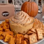 Pumpkin Fluff Dip 7 Easy Pumpkin Spice Whip Dip recipe! 4 ingredients, 5 minutes. Serve with graham crackers, apple slices, or cookies. Perfect fall dessert! #pumpkin #dip #recipe #easy #dessert #fall #thefrugalgirls