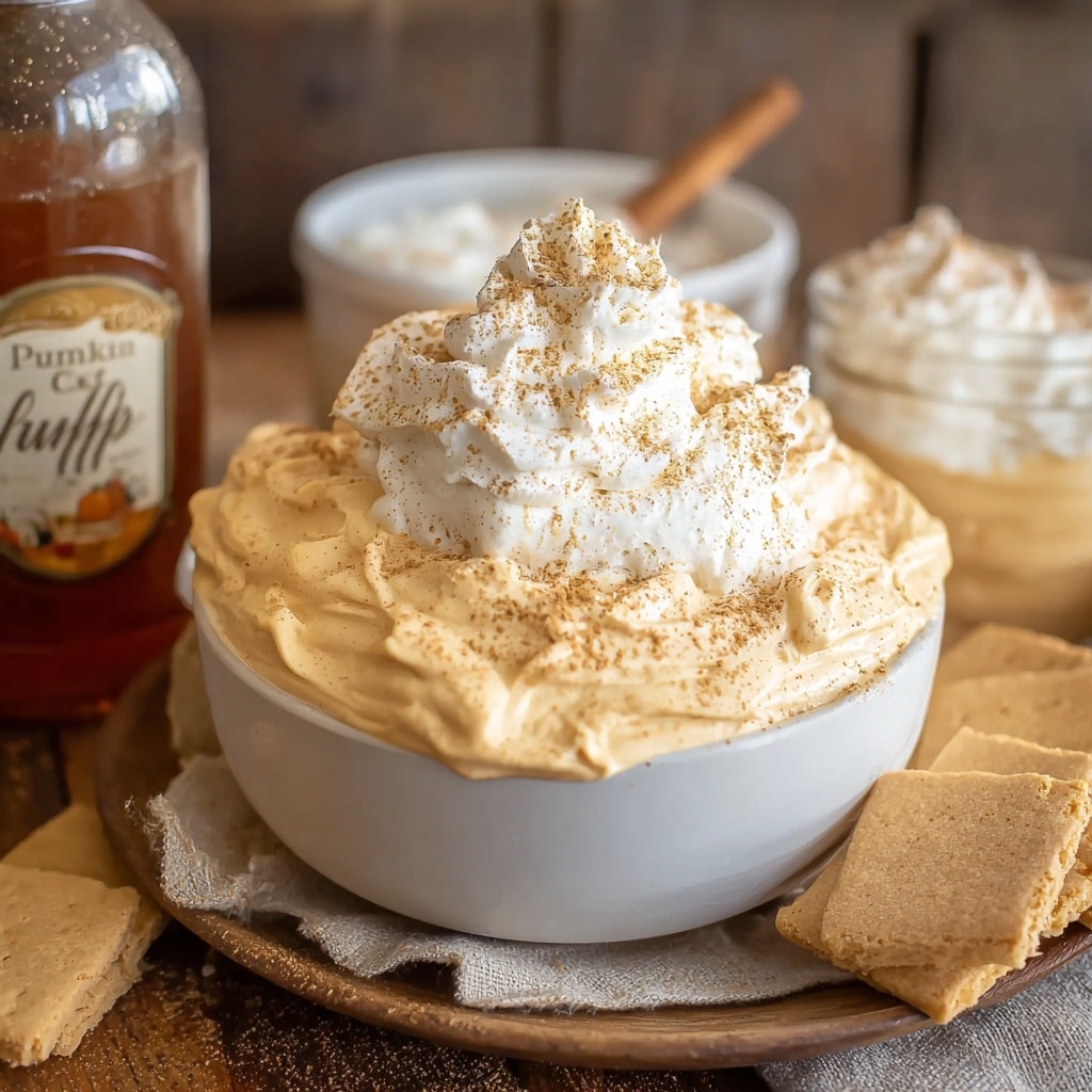 Pumpkin fluff dip surrounded by cookies and apple slices