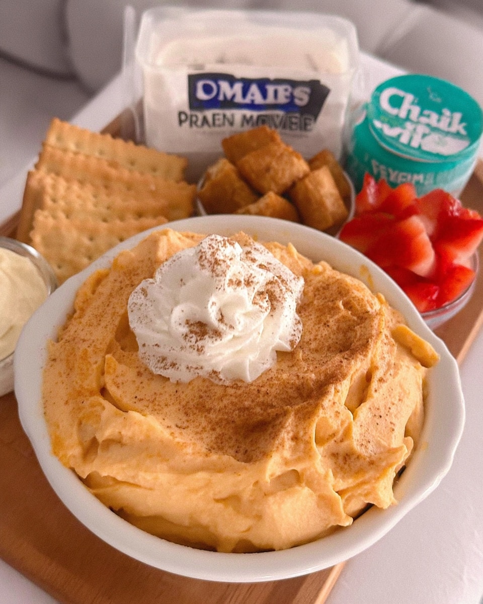 Pumpkin Fluff Dip 8 Scoop of pumpkin fluff dip on a cinnamon sugar graham cracker