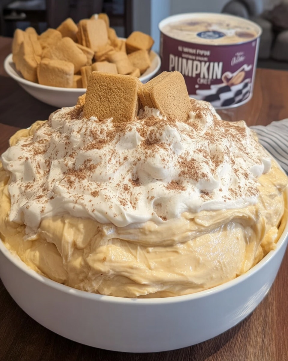 Pumpkin fluff dip in trifle bowl with whipped topping
