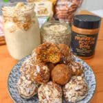 Pumpkin Pie Protein Balls 7 Easy no-bake pumpkin protein balls recipe! Combine oats, protein powder, pumpkin puree, almond butter, and maple syrup for a healthy and delicious snack. Perfect for a quick energy boost!