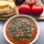 Comforting Roasted Tomato Basil Soup recipe! Rich flavor from roasted Roma tomatoes, San Marzano tomatoes, and fresh basil. Quick cooking, vegetarian dinner idea. Get the low carb matidéer recipe now!