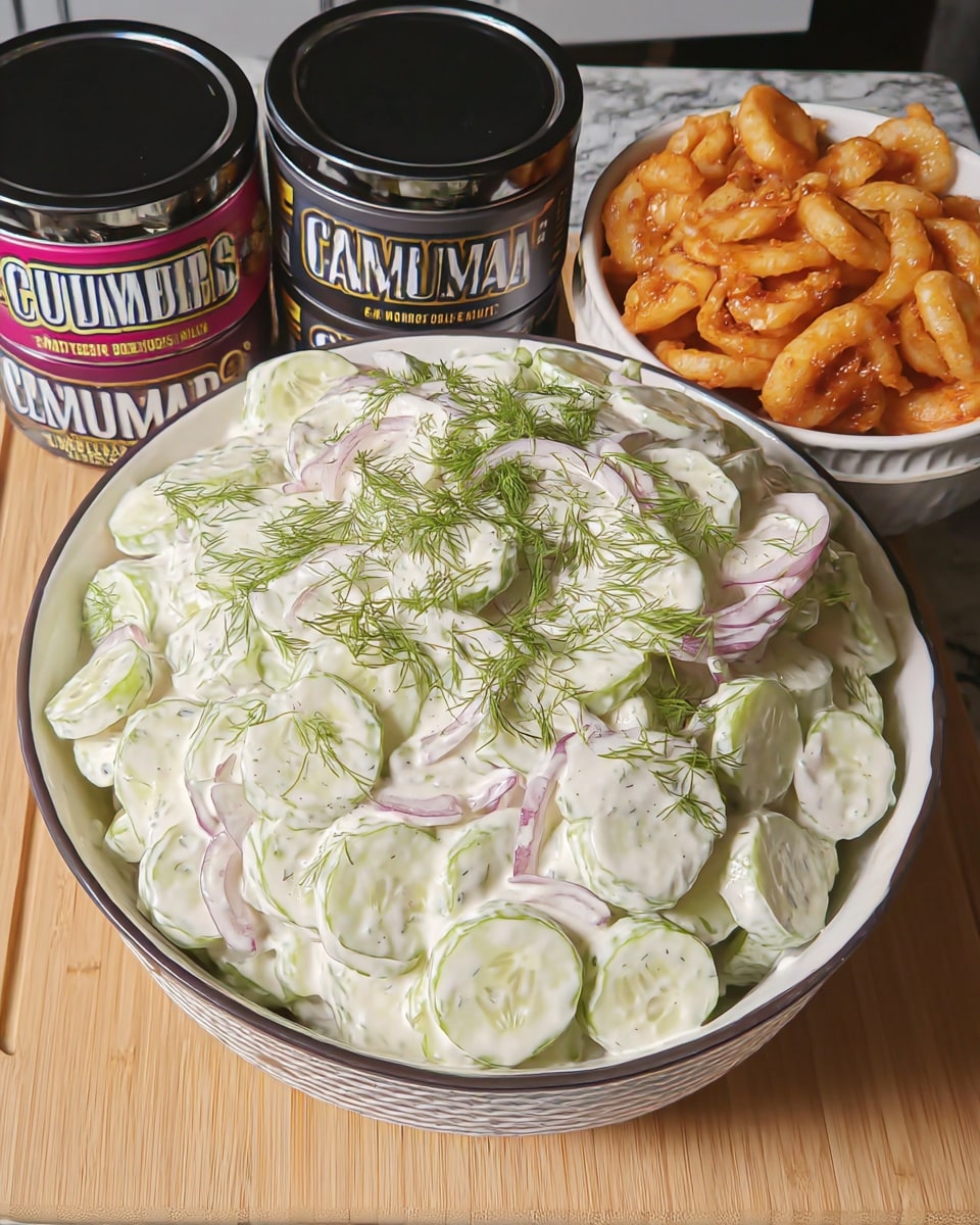 Cucumber Salad with Creamy Dill 8 sliced cucumber salad close up in glass dish