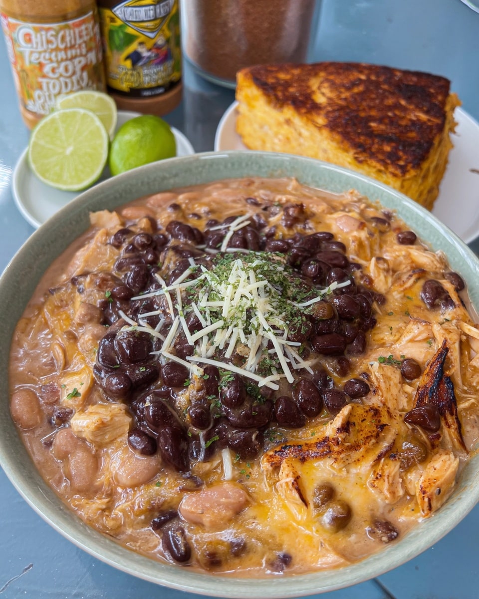 Spoonful of creamy white chicken chili over bowl
