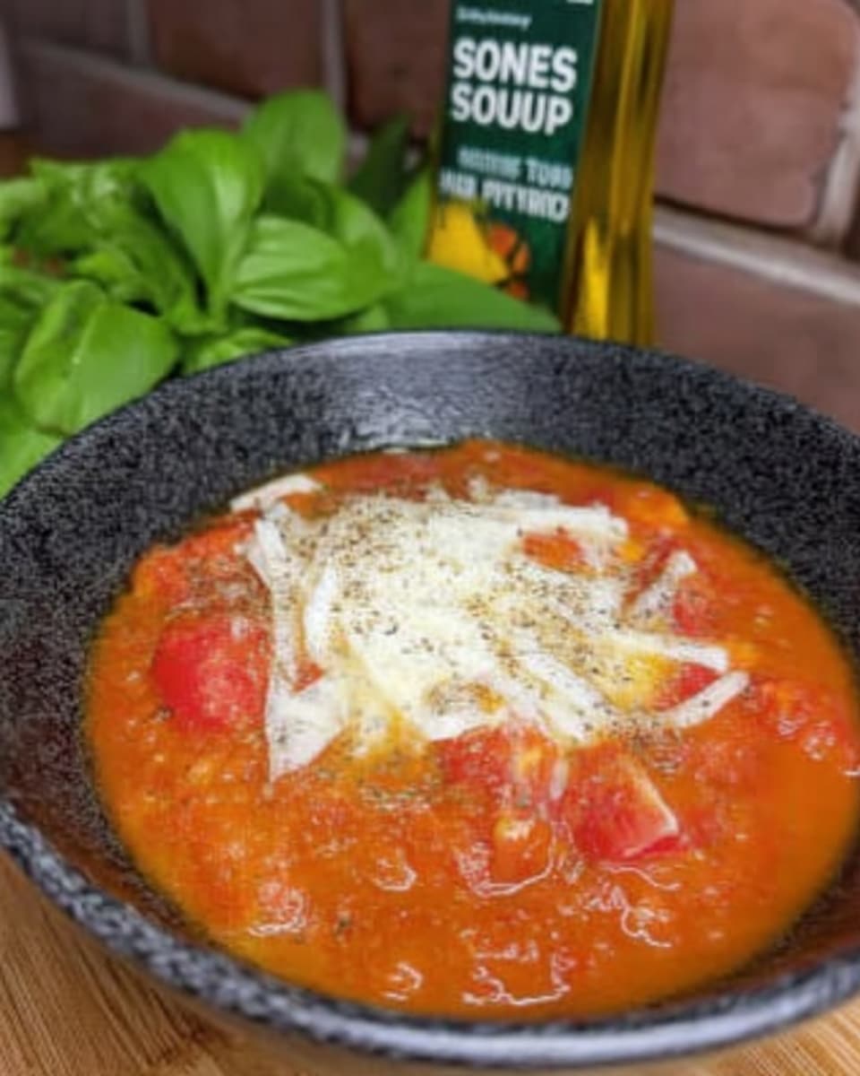 Homemade Tomato Soup 10 Close-up of homemade tomato soup with fresh tomatoes and herbs